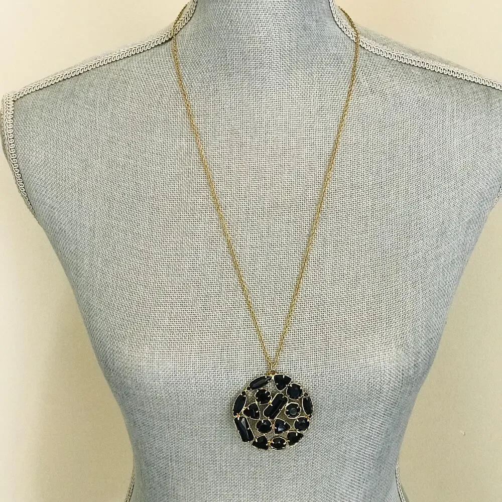 Kate Spade Long Pendant Necklace - Signed - Black Sparkling Cluster - Gold Tone